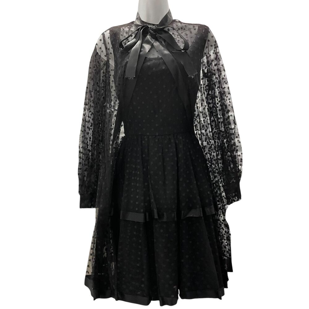 Vintage 1950s Phyllis DeTrano Black Swiss Dot Cocktail Dress w Sheer Cape